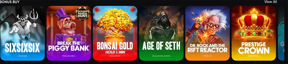 “Bonus Buy” games carousel showing colourful slot tiles: SixSixSix, Break the Piggy Bank, Bonsai Gold Hold & Win, Age of Seth, Dr. Rock and the Rift Reactor, and Prestige Crown, with a “View All” link.