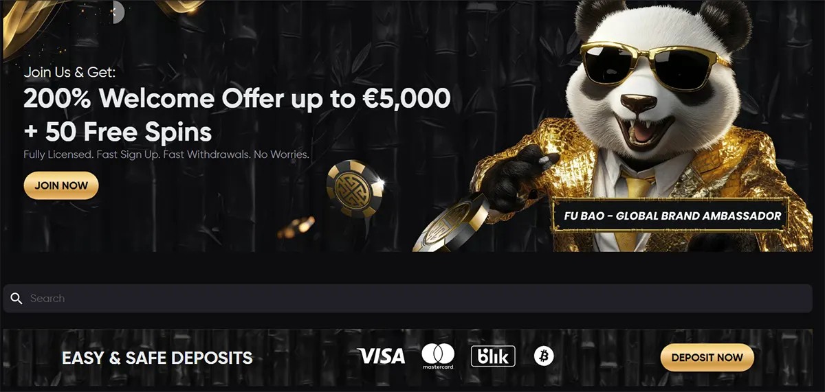 Golden Panda casino promo section featuring a panda in sunglasses and a gold suit with “200% Welcome Offer up to €5,000 + 50 Free Spins” and a “Join Now” button, plus a search bar and an “Easy & Safe Deposits” strip with Visa, Mastercard, Blik and Bitcoin icons and a “Deposit Now” button.