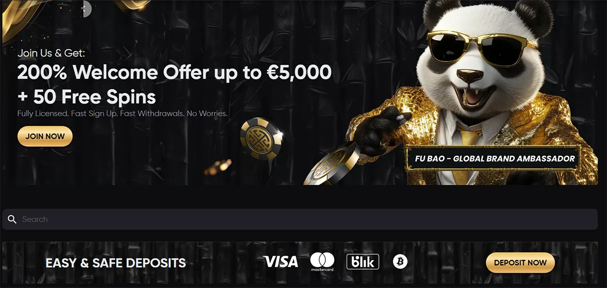 Golden Panda casino promo section featuring a panda in sunglasses and a gold suit with “200% Welcome Offer up to €5,000 + 50 Free Spins” and a “Join Now” button, plus a search bar and an “Easy & Safe Deposits” strip with Visa, Mastercard, Blik and Bitcoin icons and a “Deposit Now” button.